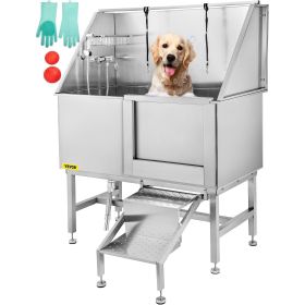 VEVOR 50 Inch Dog Grooming Tub Professional Stainless Steel Pet Dog Bath Tub with Steps Faucet & Accessories Dog Washing Station Right Door